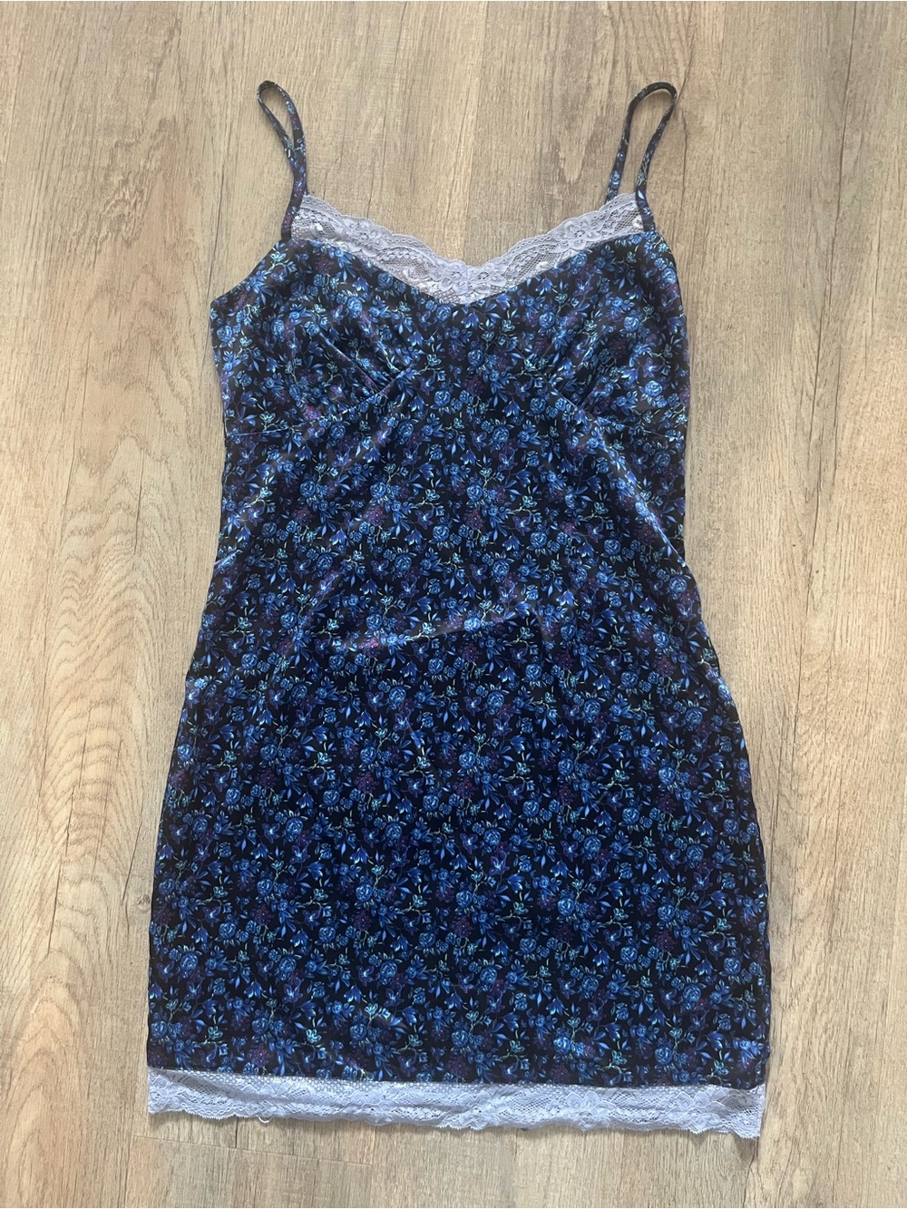 wild fable Navy Floral Slip Dress with White Lace Trim